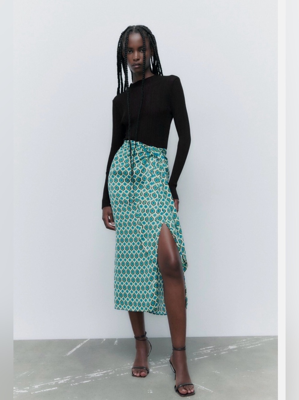 ZARA Printed Teal Geometric Midi Skirt with Side Slit XS